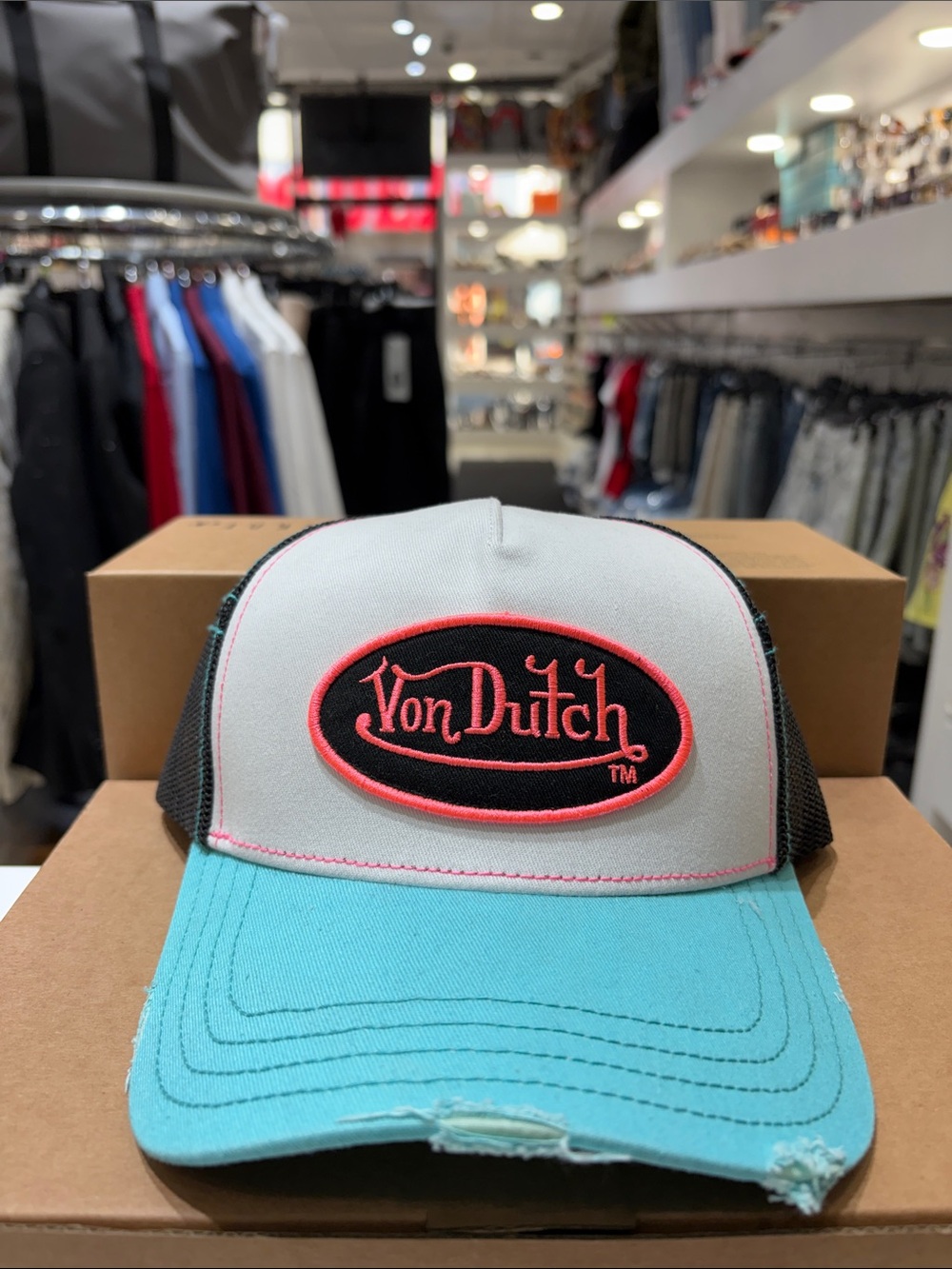 Von Dutch Two-Tone Trucker Cap in White, Black & Aqua with Pink Logo